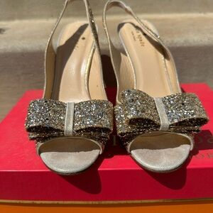 kate spade Gold Glitter Bow Slingback Heels with Peep Toe (“Charm”)